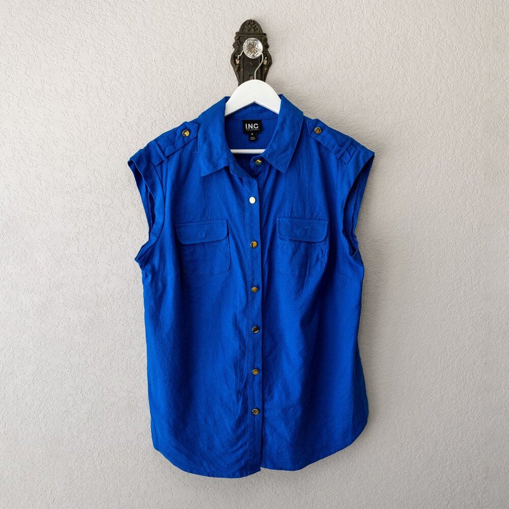 INC International Concepts 0X Blue Linen Blend Gold Button Sleeveless Top